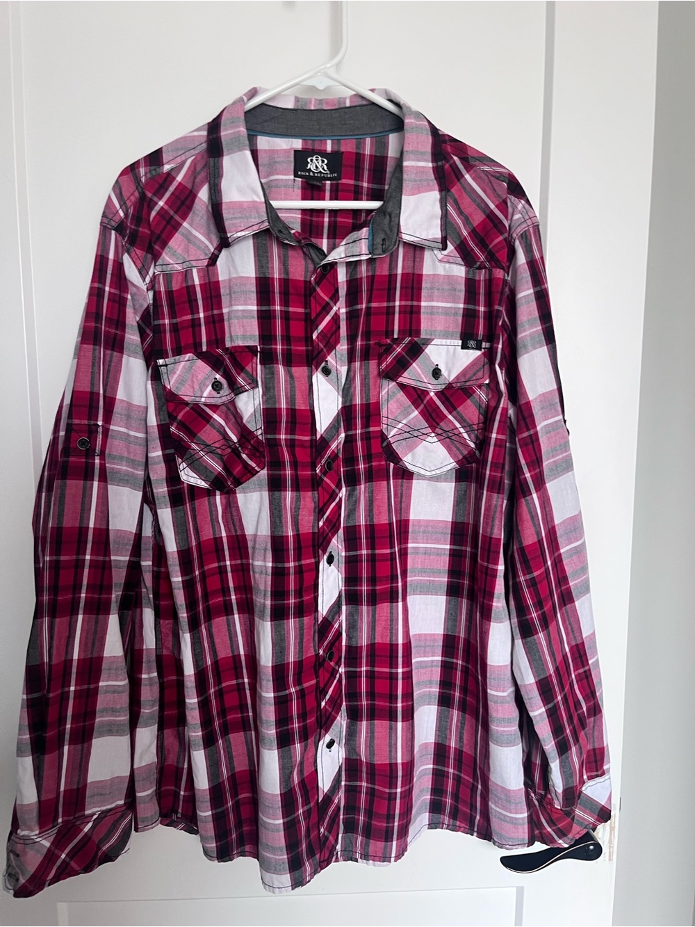 Rock & Republic Men's Red White and Gray Plaid Button-Down Shirt